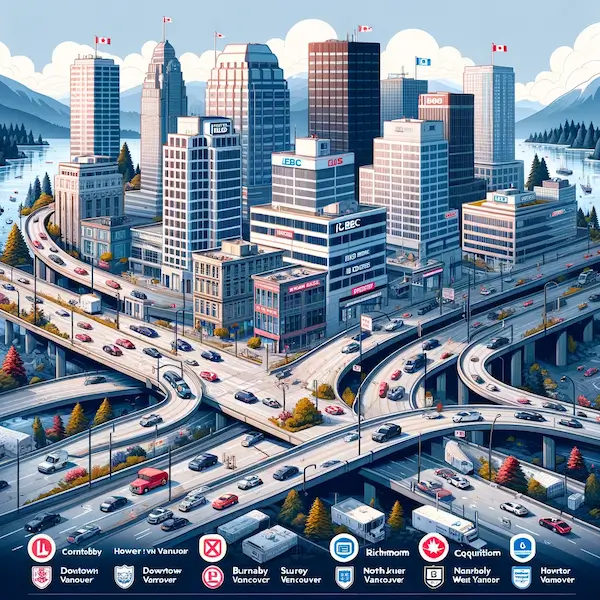 Infographic overviewing ICBC offices in Greater Vancouver, highlighting unique characteristics and test routes for each location, including diverse traffic and road conditions, aiding in road test preparation.