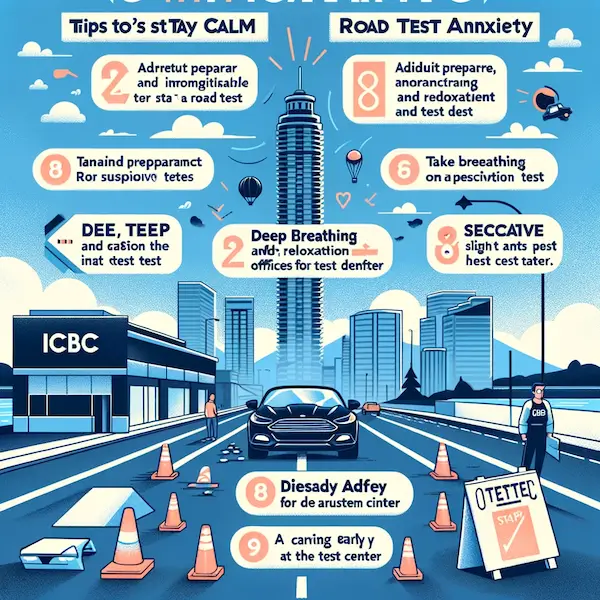 Infographic illustrating strategies for managing road test anxiety, including preparation, positive mindset, mock tests, relaxation exercises, sufficient sleep, diet advice, and arriving early at ICBC offices in Greater Vancouver.