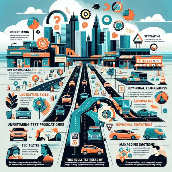 Infographic illustrating the importance of road test preparation, showcasing the blend of driving skills and psychological readiness required, and highlighting the diverse traffic conditions and challenges in the Greater Vancouver area.