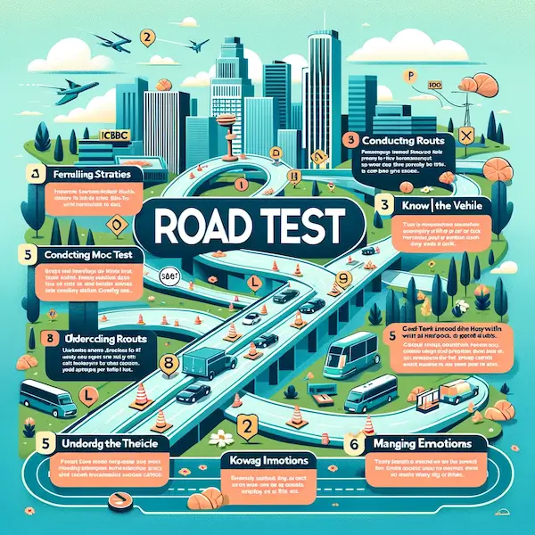 Infographic showcasing road test strategies and tips for ICBC tests in Greater Vancouver, including route familiarization, mock tests, vehicle knowledge, scoring criteria understanding, emotion management, and test day preparation.