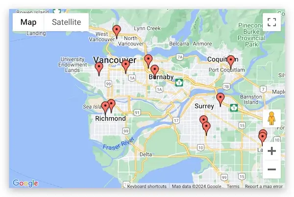 Here’s a summary of basic information for each office in the Greater Vancouver area, including phone numbers, addresses, and a compilation of overall rankings and characteristics based on user reviews.