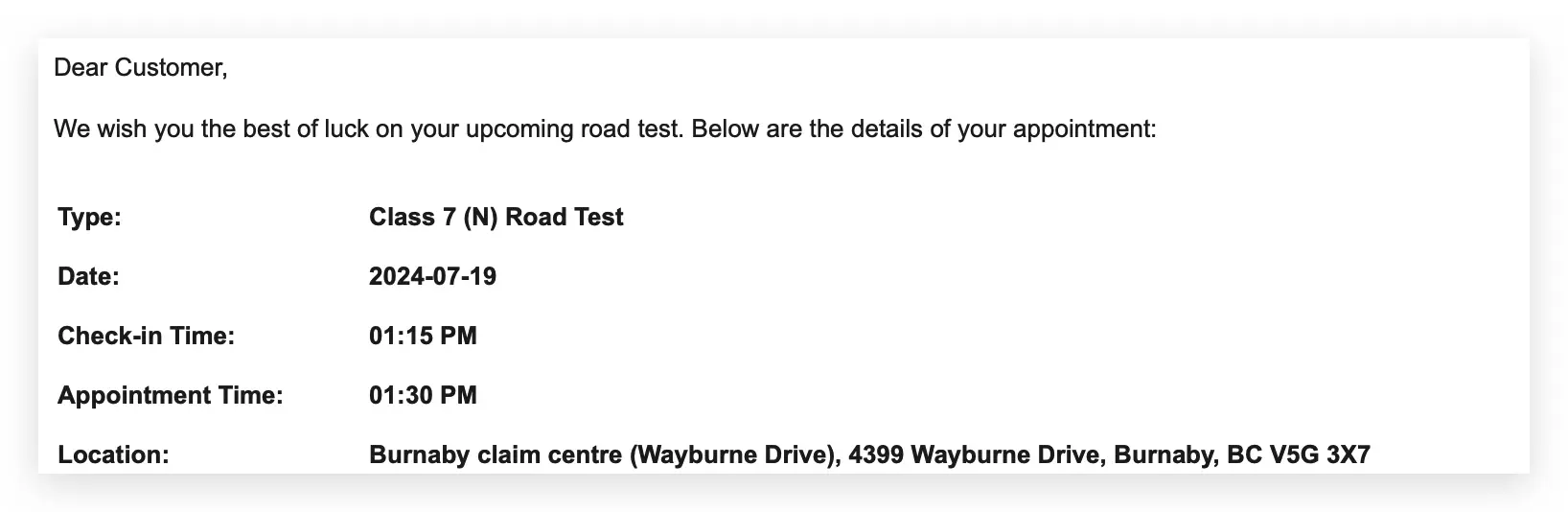 Successfully booking a road test in 2024-07-19